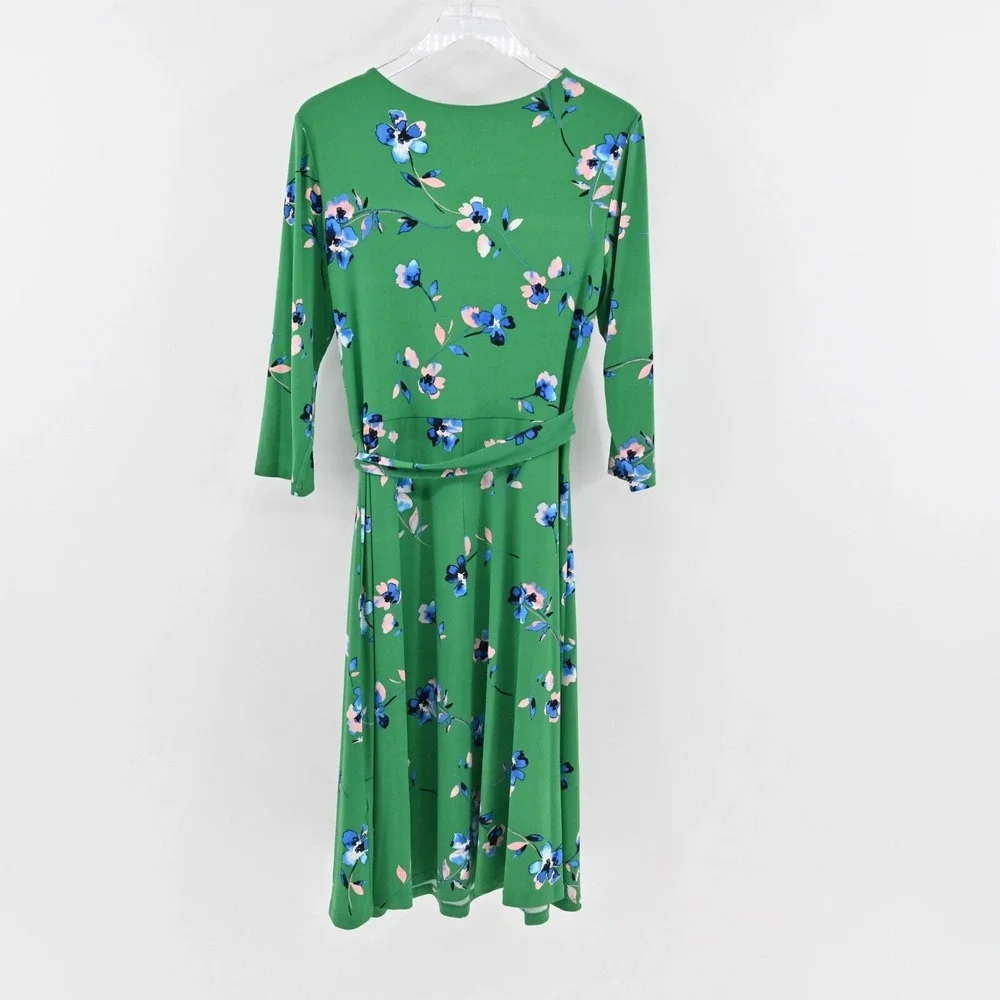 ELIZA J Dress Size 14 Green Floral V‎ Neck Long Sleeve Tie Belt Faux Wrap Midi - Picture 3 of 12